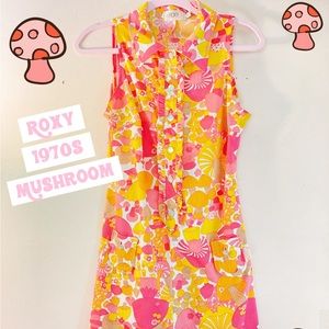 Roxy Brand 1970s Style Print Pink, Yellow, Orange Mushroom Tunic/Dress